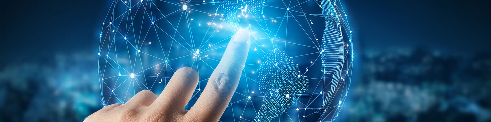 dieses Bild zeigt eine vernetzte Weltkugel, auf die eine Hand zeigt, KI-generiert